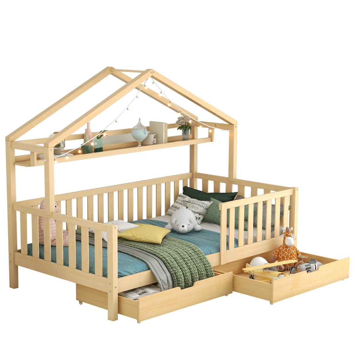 Children's House Bed 90x200cm with Drawers Slatted Base Pine Wood Natural