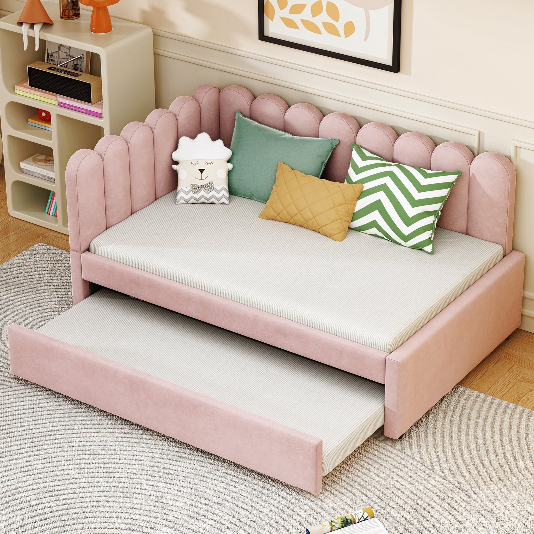 L-shaped Upholstered Bed, Sofa Bed 140x200cm with Pull-Out Bed, Pink Velvet