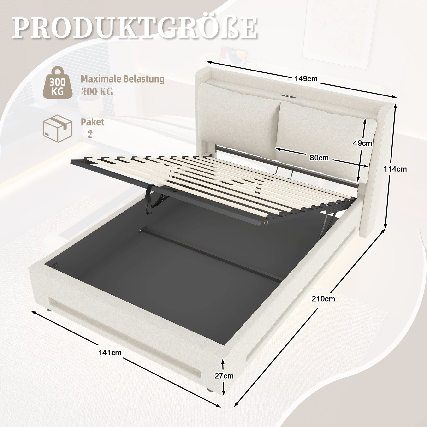 Modern Upholstered Bed with Storage, LED Light, USB-C Ports - 140x200cm