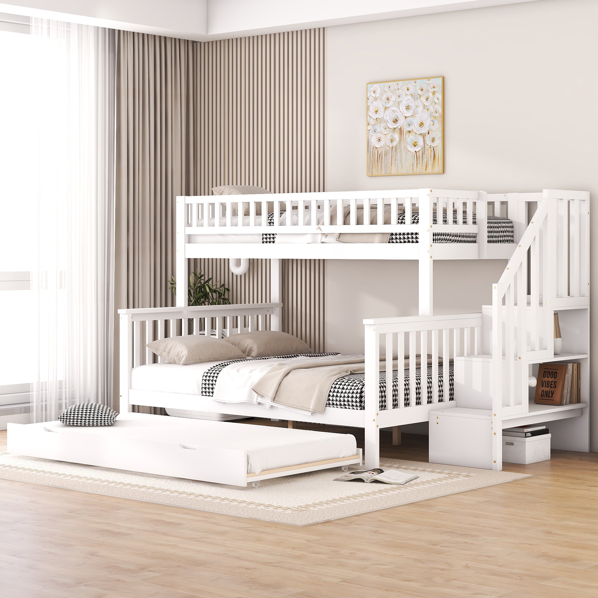 Bunk Bed with Rolling Container, Slatted Base and Storage Stairs, White Pine Wood