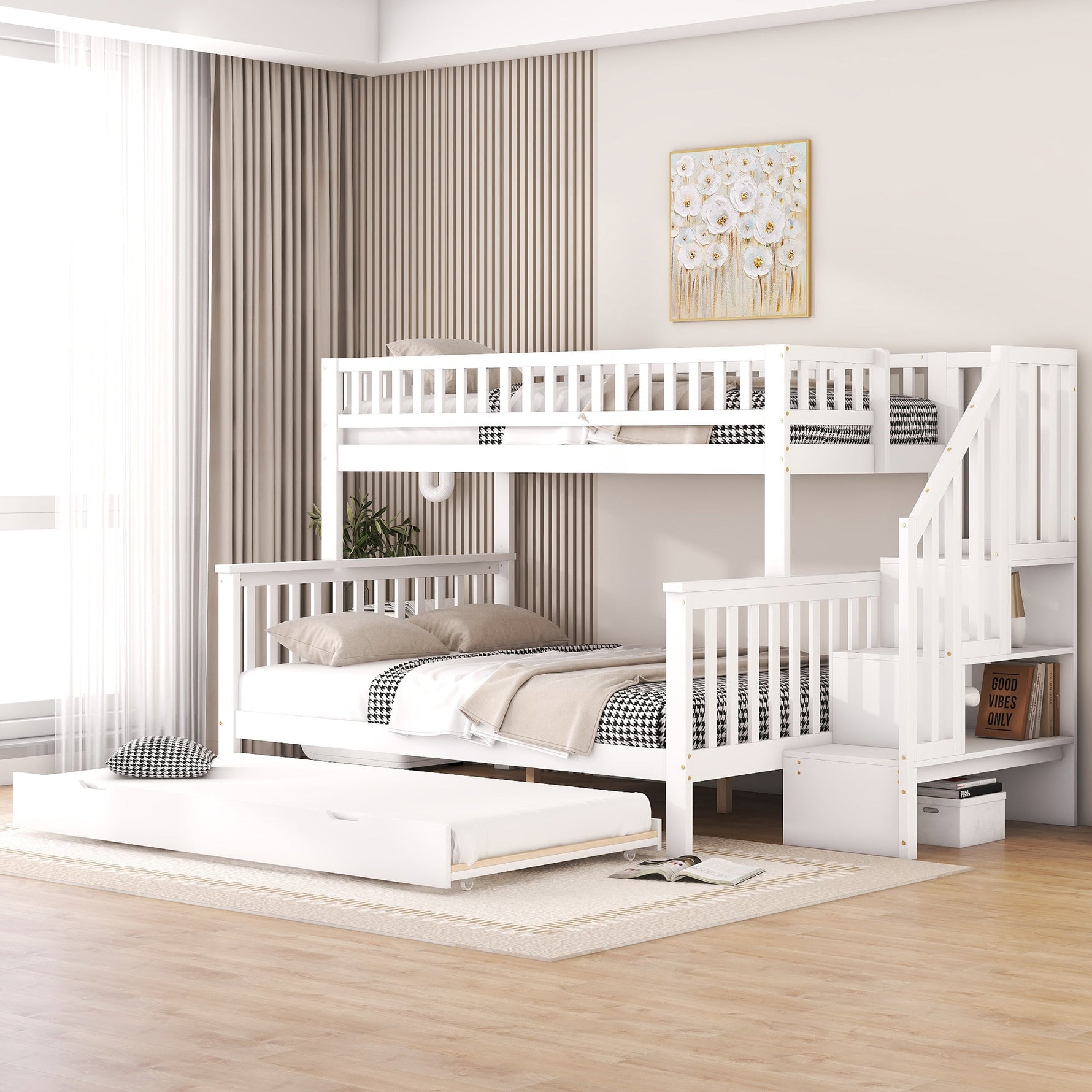 Bunk Bed with Rolling Container, Slatted Base and Storage Stairs, White Pine Wood