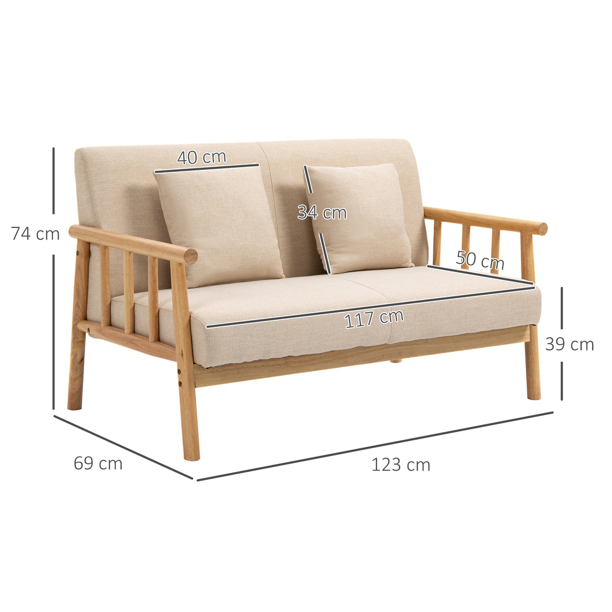 2-Seater Sofa - Upholstered Lumbar Cushions Wooden Frame Small Spaces - Linen Look Beige