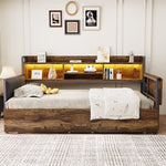 Iron Sofa Bed 90x200cm LED Storage Drawers Fold-Out Desk, Wood Color