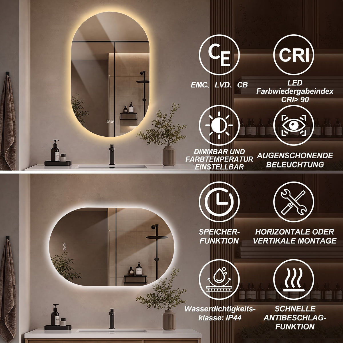 Capsule LED Bathroom Mirror 50x80cm Anti-Fog, Tempered Glass