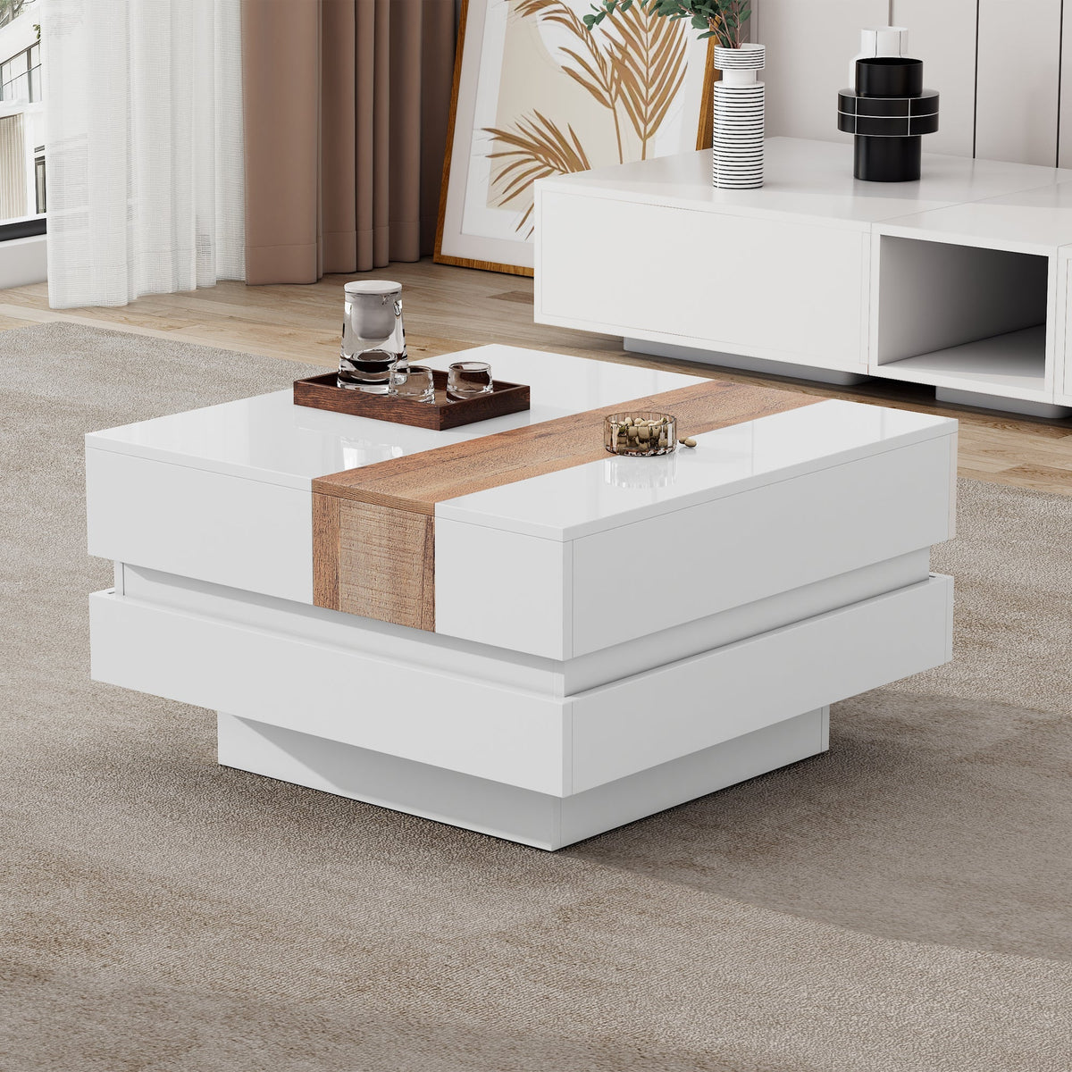 Coffee Table, Square with Extendable Top & Hidden Storage, White High Gloss