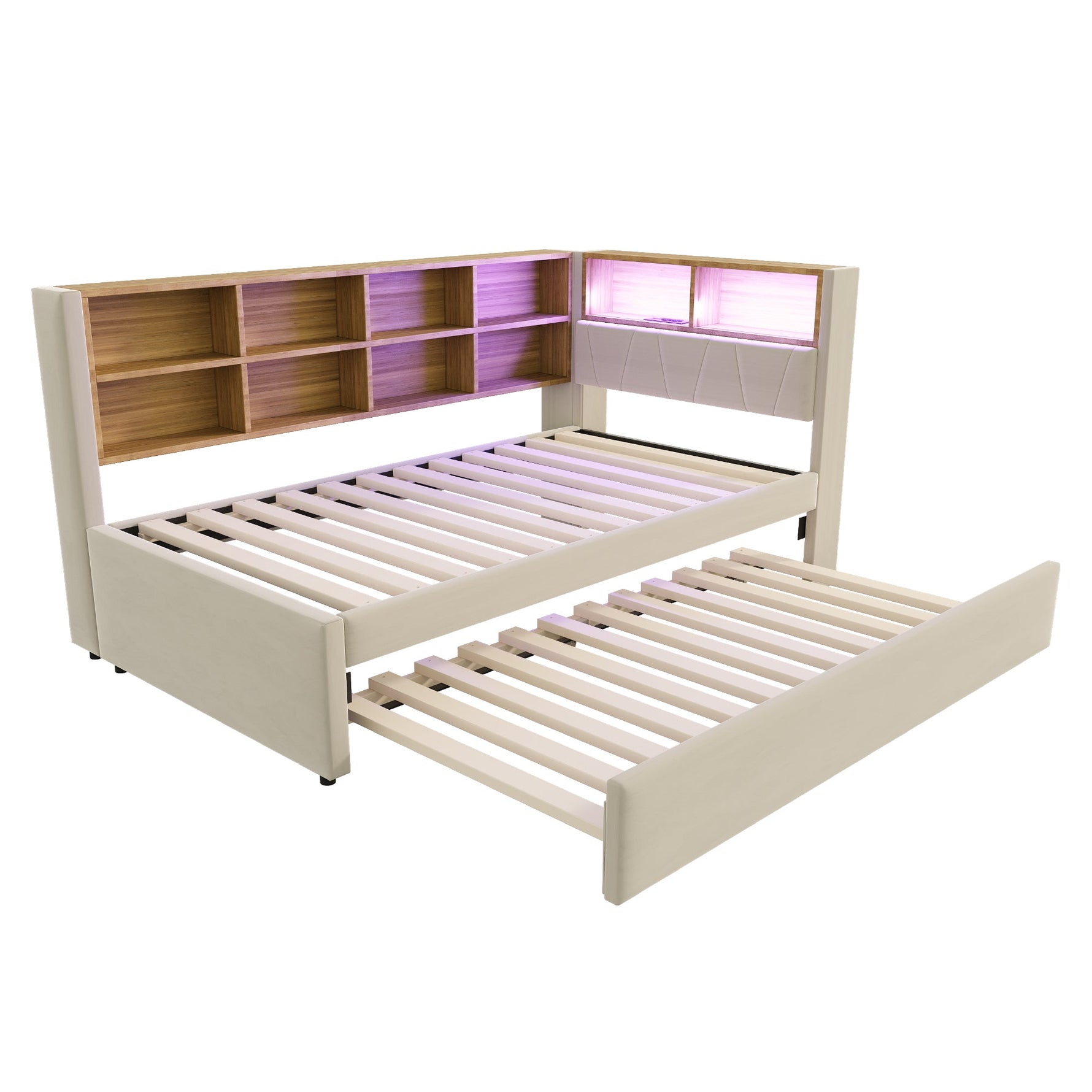 Sofa Bed with Pull-Out Bed, USB Socket, Storage, Beige