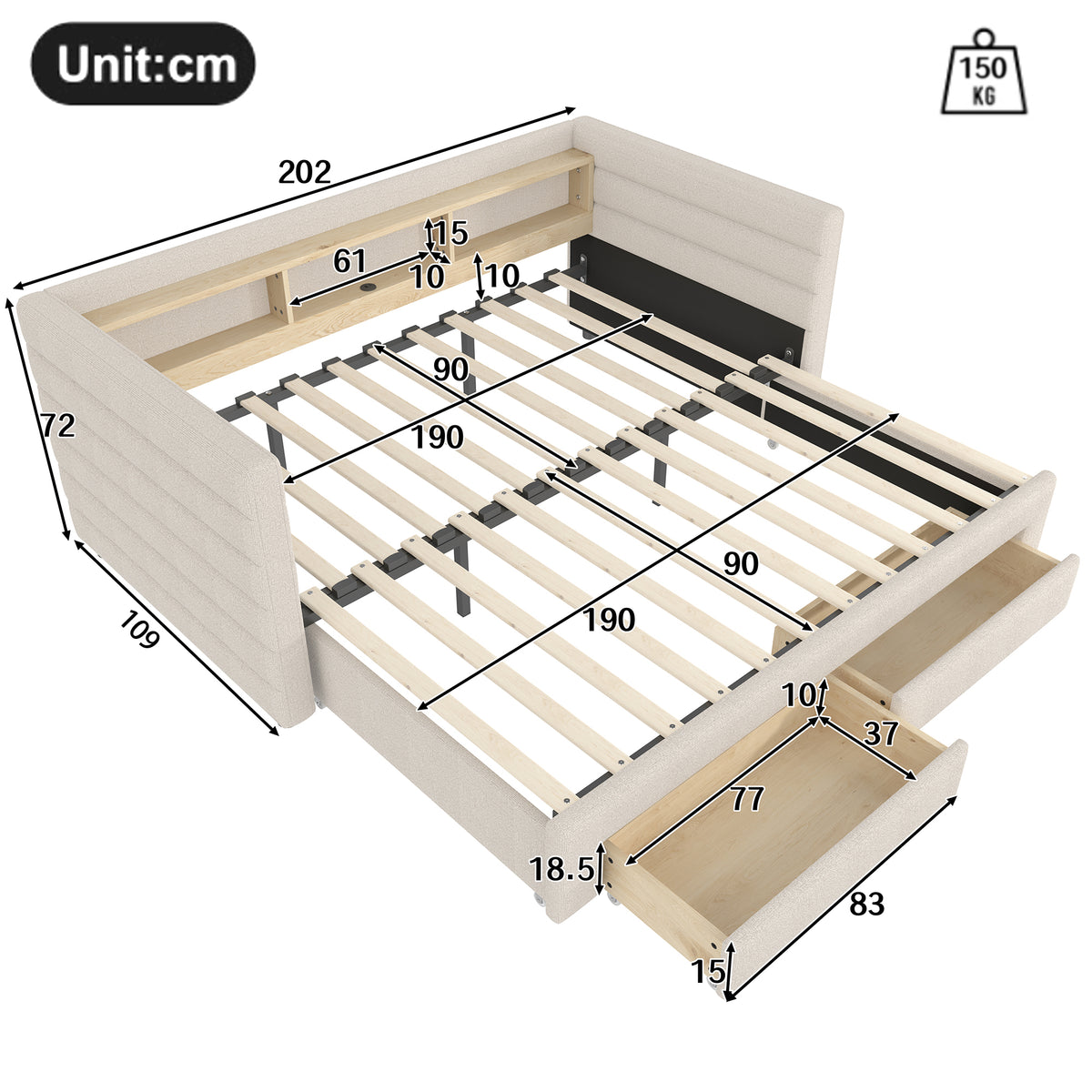 Daybed Sofa Bed 90x190cm Pull-Out Drawers USB LED, Beige Velvet