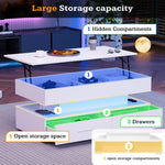 Hydraulic Height-Adjustable Coffee Table, LED Lighting, Bluetooth Control, 2 Drawers, White
