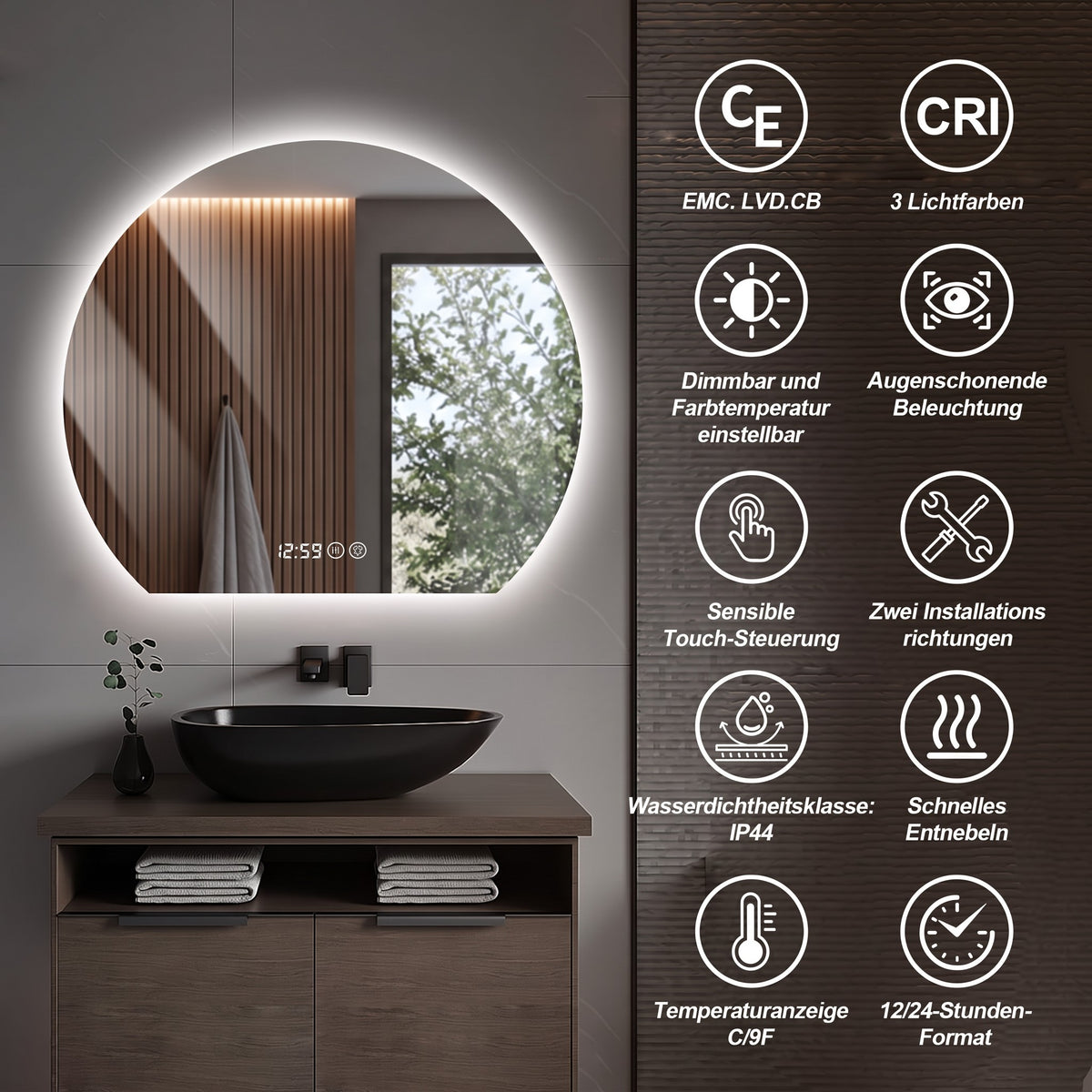 LED Bathroom Mirror 80 cm, Dimmable Anti-Fog Clock, Silver Glass
