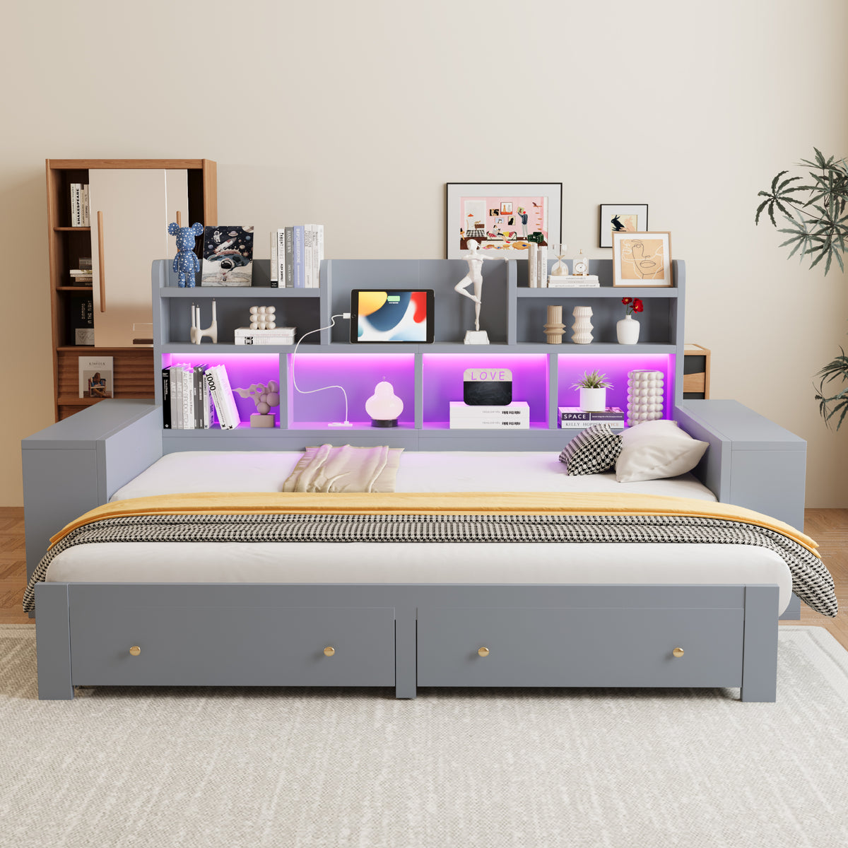 Extendable Sofa Bed 90/180x200cm with Storage & LED, Grey Wood