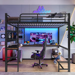 Loft Bed with Desk, USB Sockets, LED Strip and Pegboard, Black Metal Frame