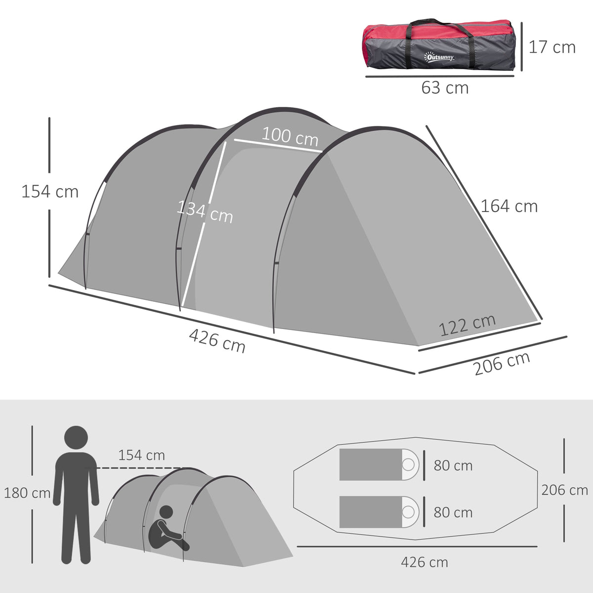 Tunnel Tent, 2-3 Person Camping, Fiberglass & Polyester, Grey