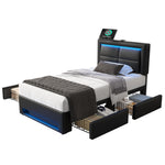 Upholstered Bed 90x200cm LED USB Charging 4 Drawers - Black PU Lychee