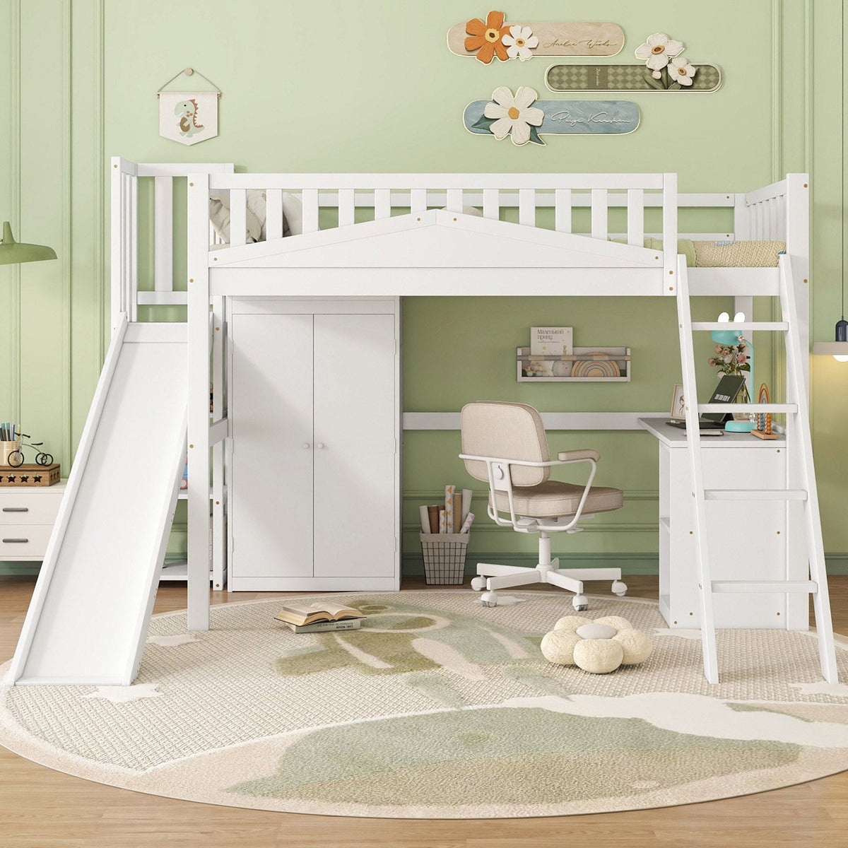Bunk Bed, Children's with Safety Gate, Table, Wardrobe & Ladder, Pine+MDF+Plywood, White, 90x200cm