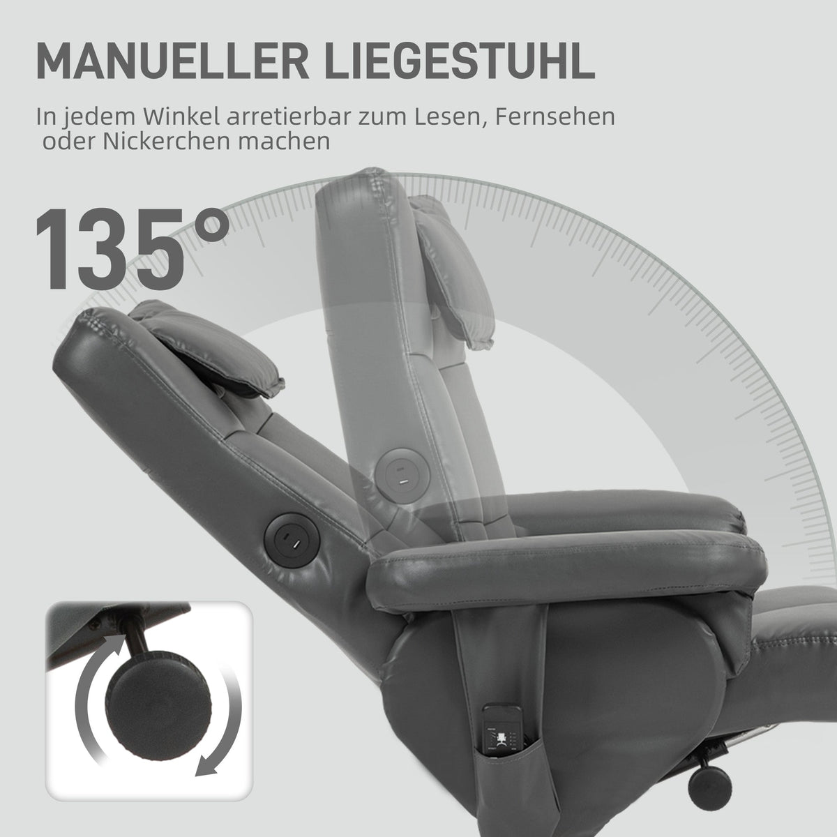 Recliner Chair with Reclining Function, Massage, Stool, Faux Leather, Dark Grey