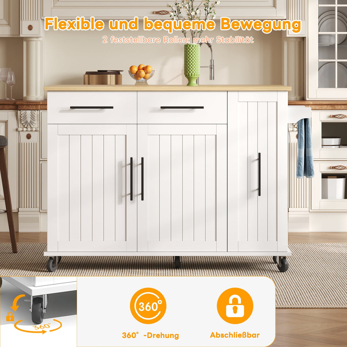 Kitchen Island Drop Leaf Storage Cart Rolling 3-Tier Pull-Out Organizer White