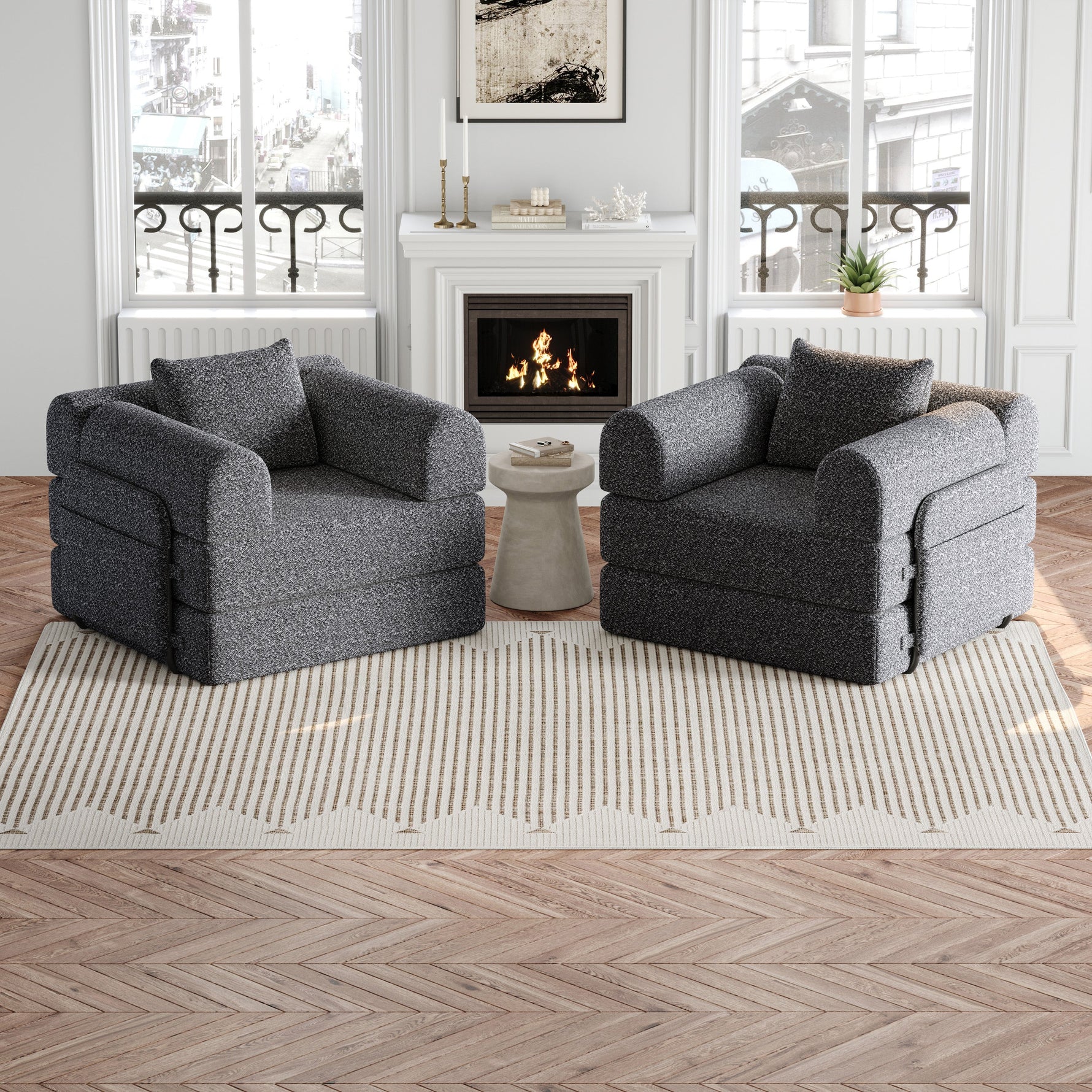 Chenille 2-in-1 Sleeper Sofa with Armrest Storage and Metal Frame, Multiple Configurations, Gray Chenille