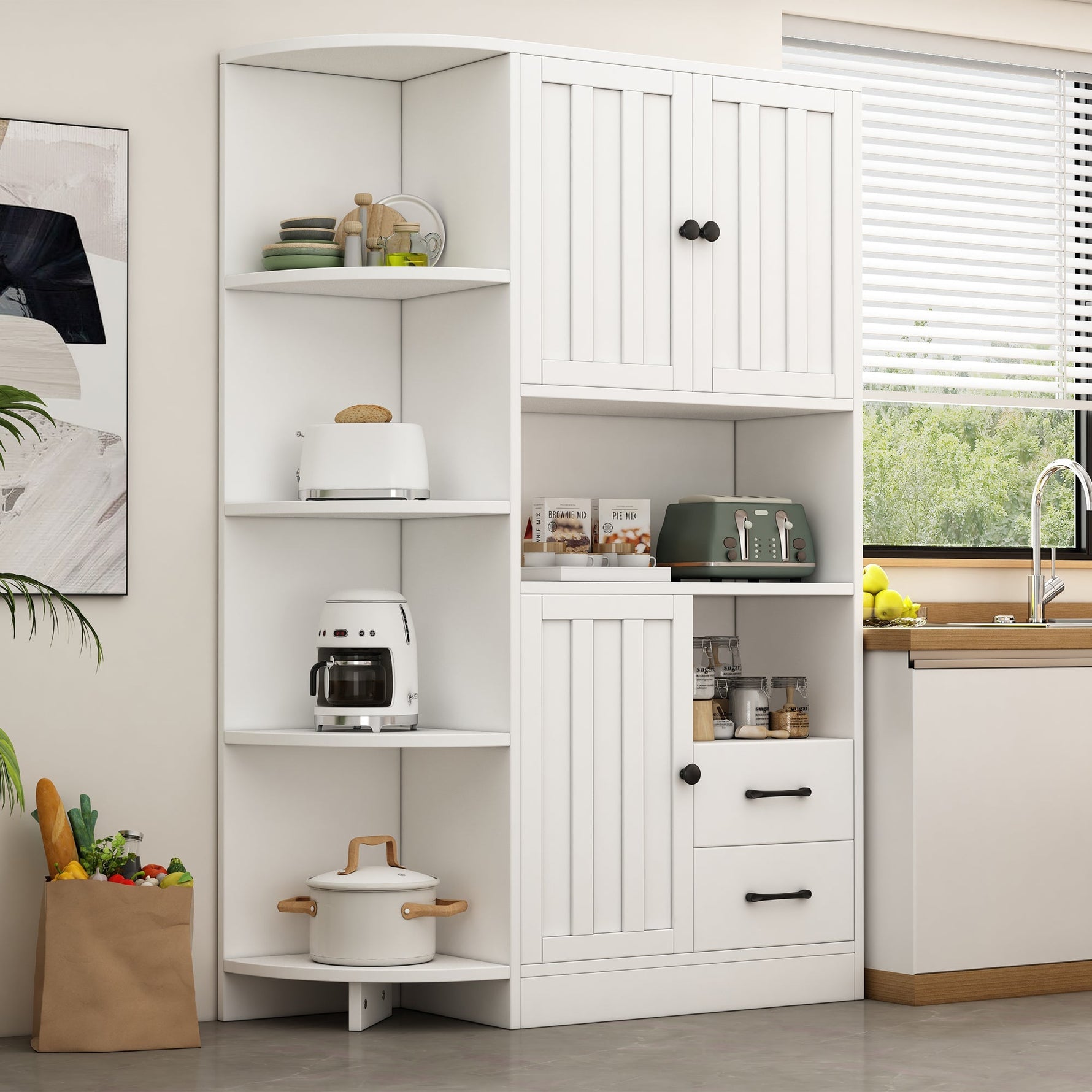 Corner Wardrobe Display Cabinet, 3 Cabinets 2 Drawers, 14 Storage Areas, 104x35x155cm, White