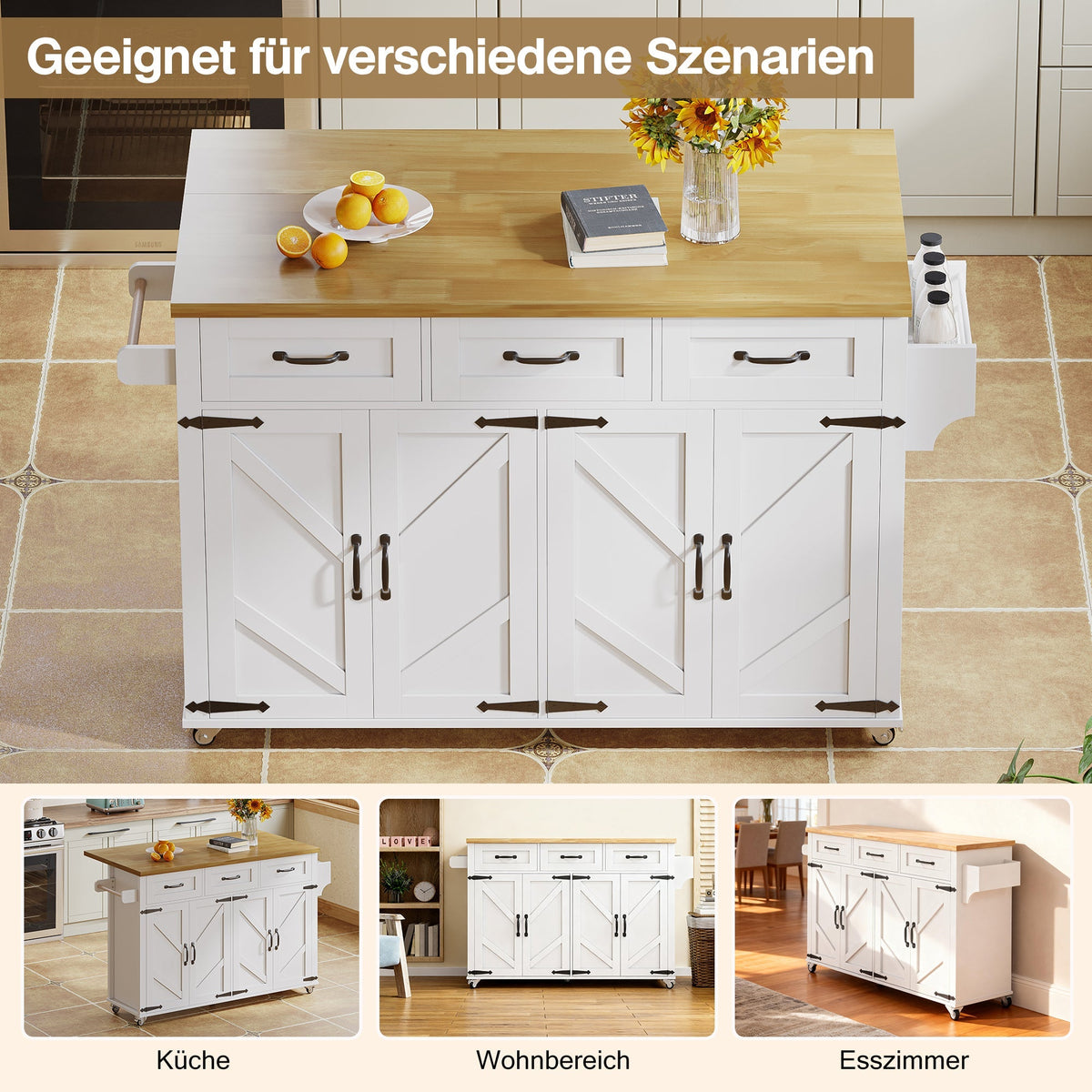 Kitchen Island Fold-down Worktop, 4 Doors 3 Drawers, White