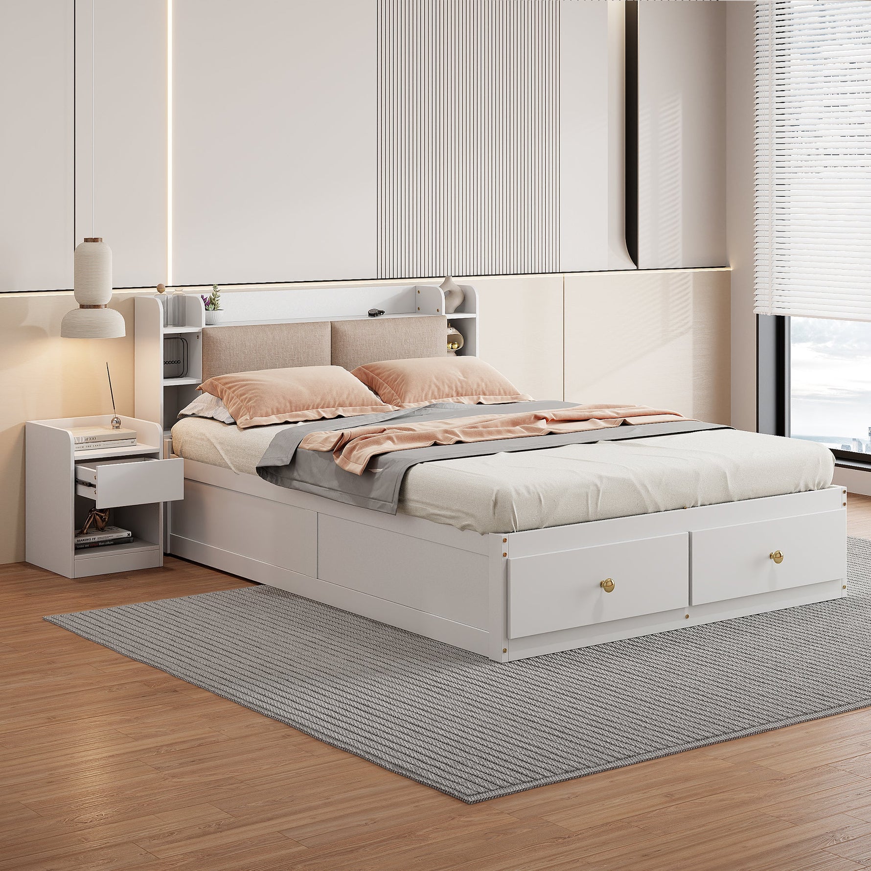 Solid Wood Combination Bed 140x200cm, Storage Headboard, Drawers, Nightstand, Wardrobe, Sofa Bench, White