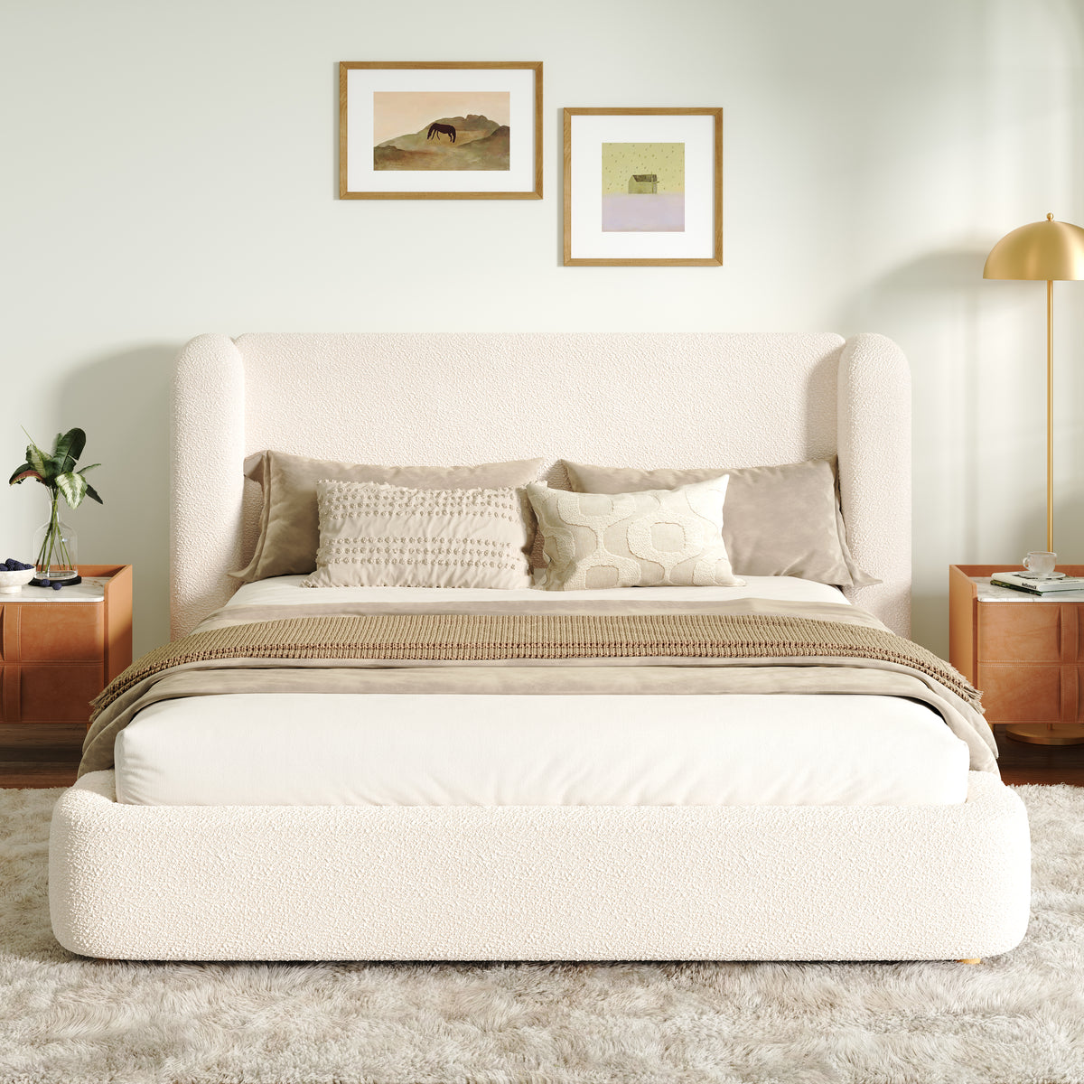Upholstered Double Bed with Hydraulic Storage 140x200cm, Beige Bouclé