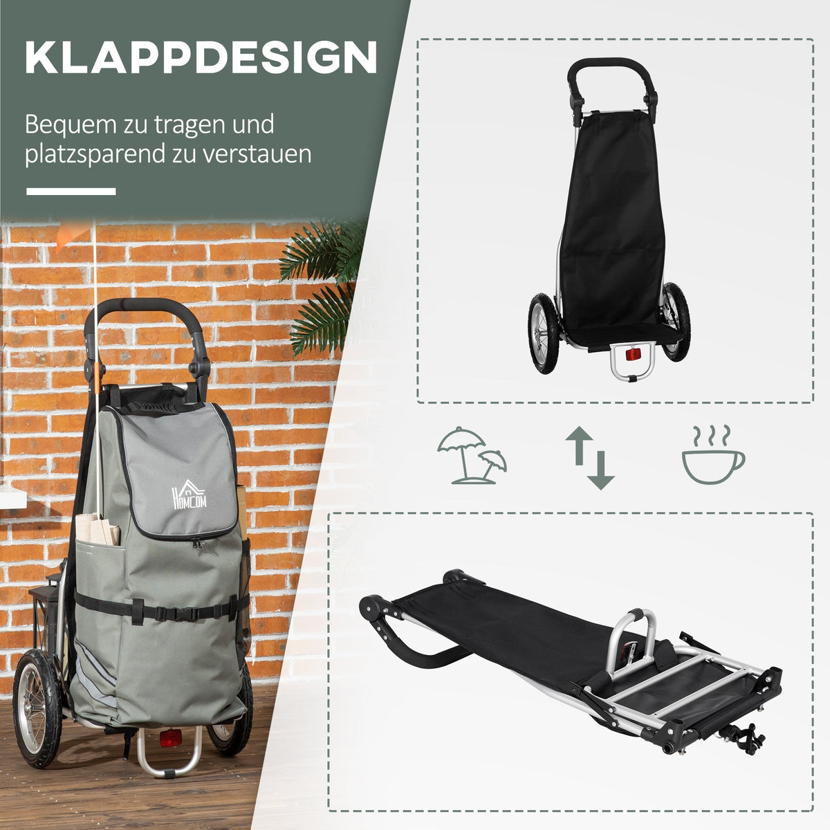 Cargo Trailer & Shopping Trolley 2-in-1, 24.3 kg, 55 L, Aluminium + Oxford, Grey + Silver