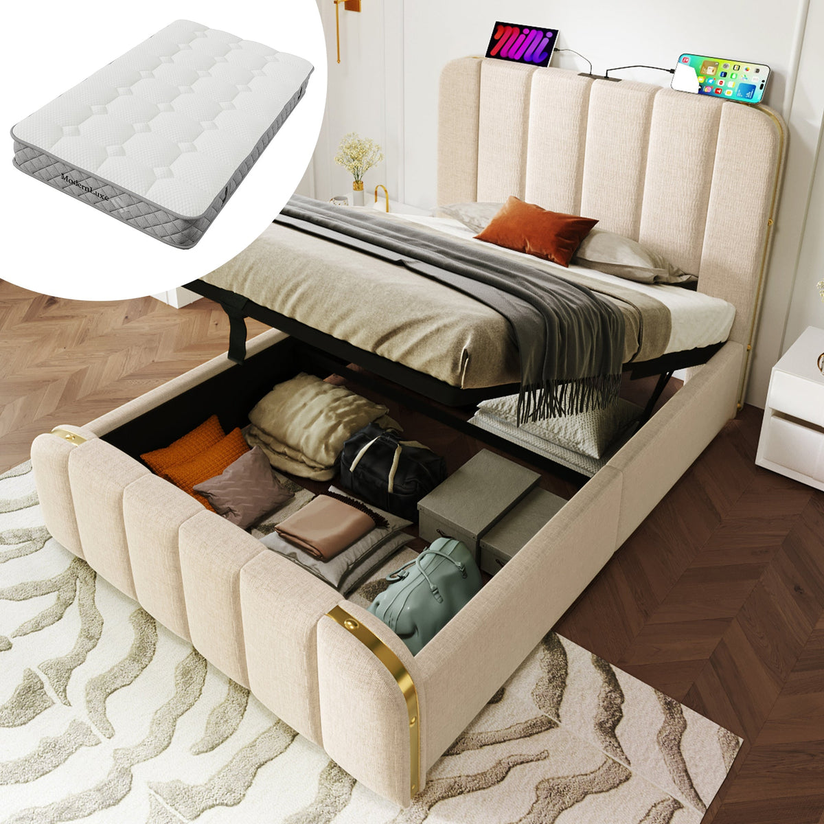 Upholstered Single Bed, USB-C Charging, Hydraulic Storage, Beige Linen