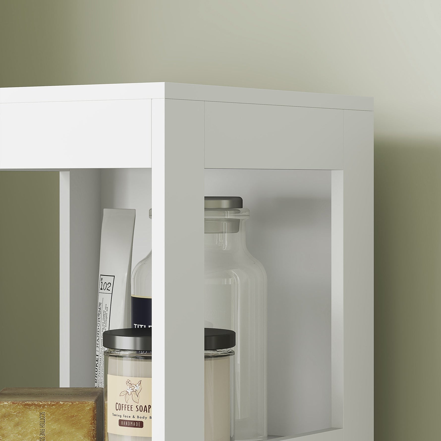 Slim Bathroom Cabinet, Tall with 2 Drawers, 3 Open Compartments, White