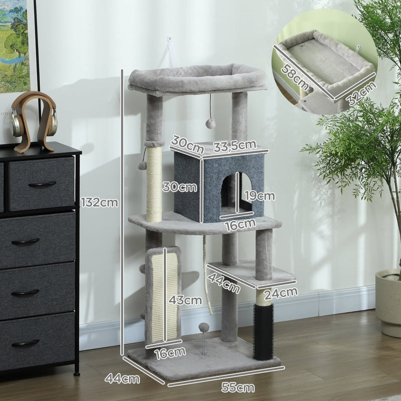 Cat Tree 132cm, Scratching Posts, Bed, House, Platforms, Grooming Brush, Light Grey