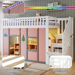 Children's Loft Bed 90x200 cm with Storage Stairs in White & Pink