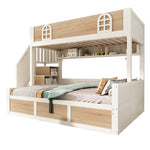 Children's Bunk Bed with Hydraulic Storage and Staircase Wardrobe, 90x200 and 140x200 cm, White and Natural Wood