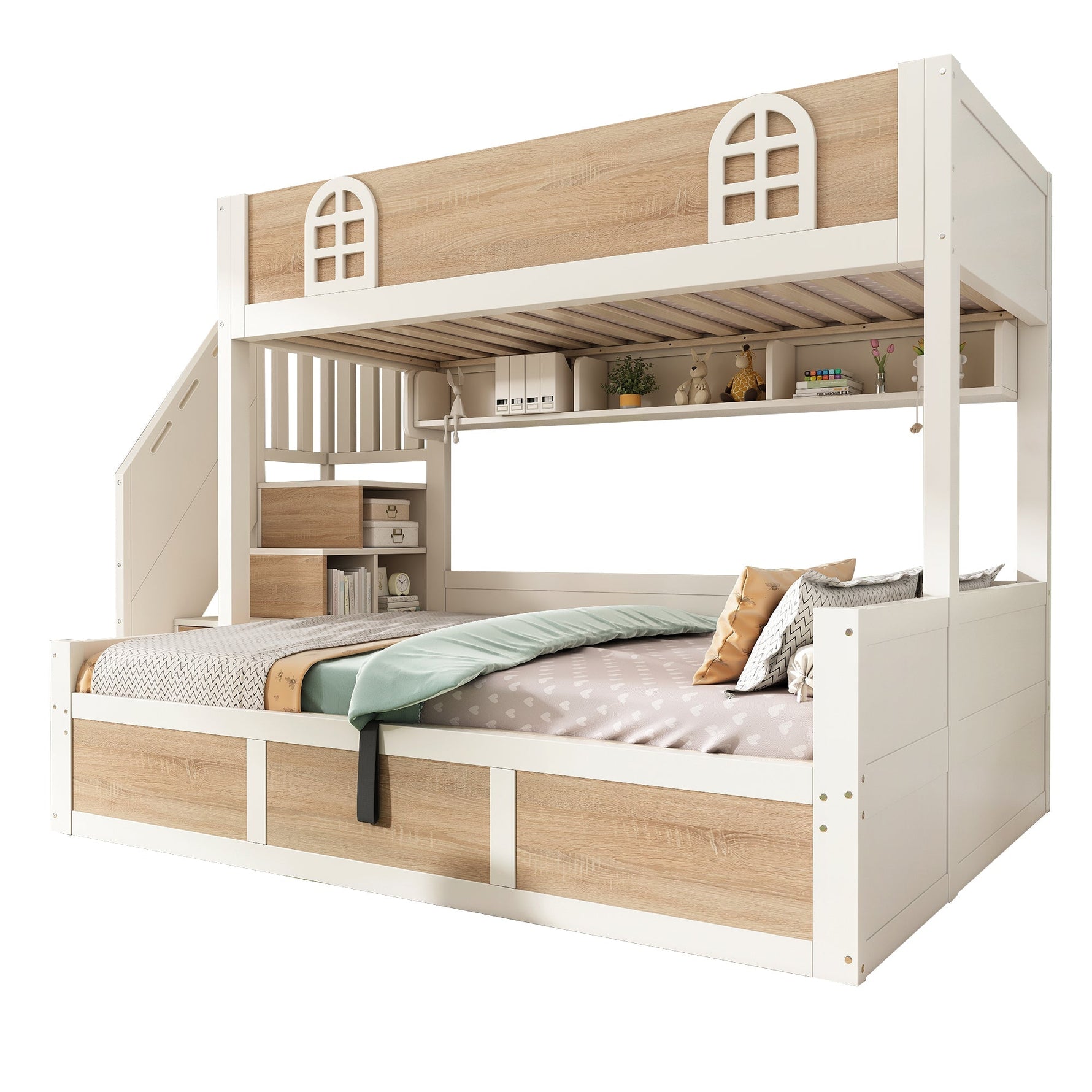 Children's Bunk Bed with Hydraulic Storage and Staircase Wardrobe, 90x200 and 140x200 cm, White and Natural Wood