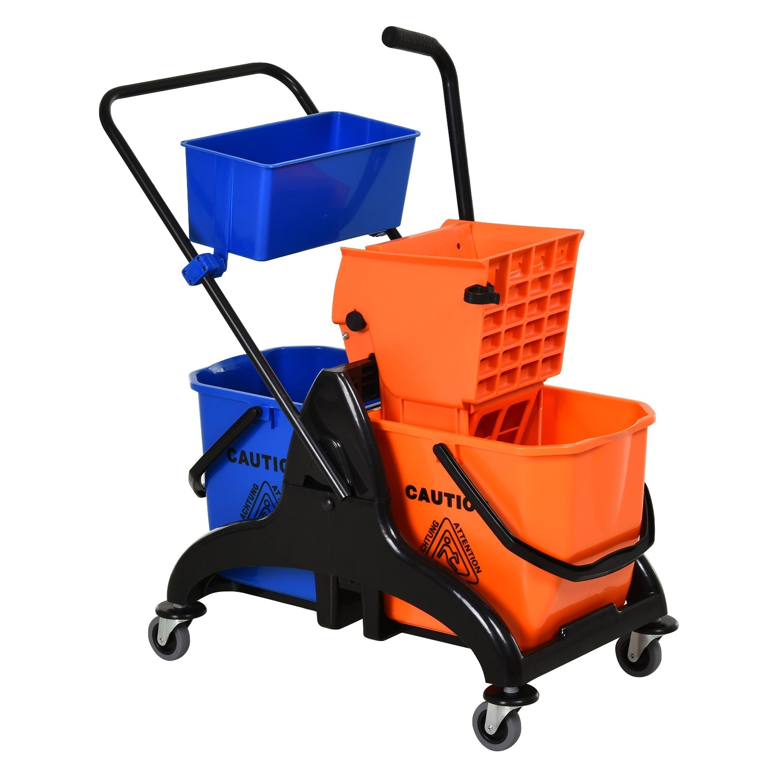 Cleaning Trolley Professional Jaw Press 2 Buckets Storage, Orange Blue