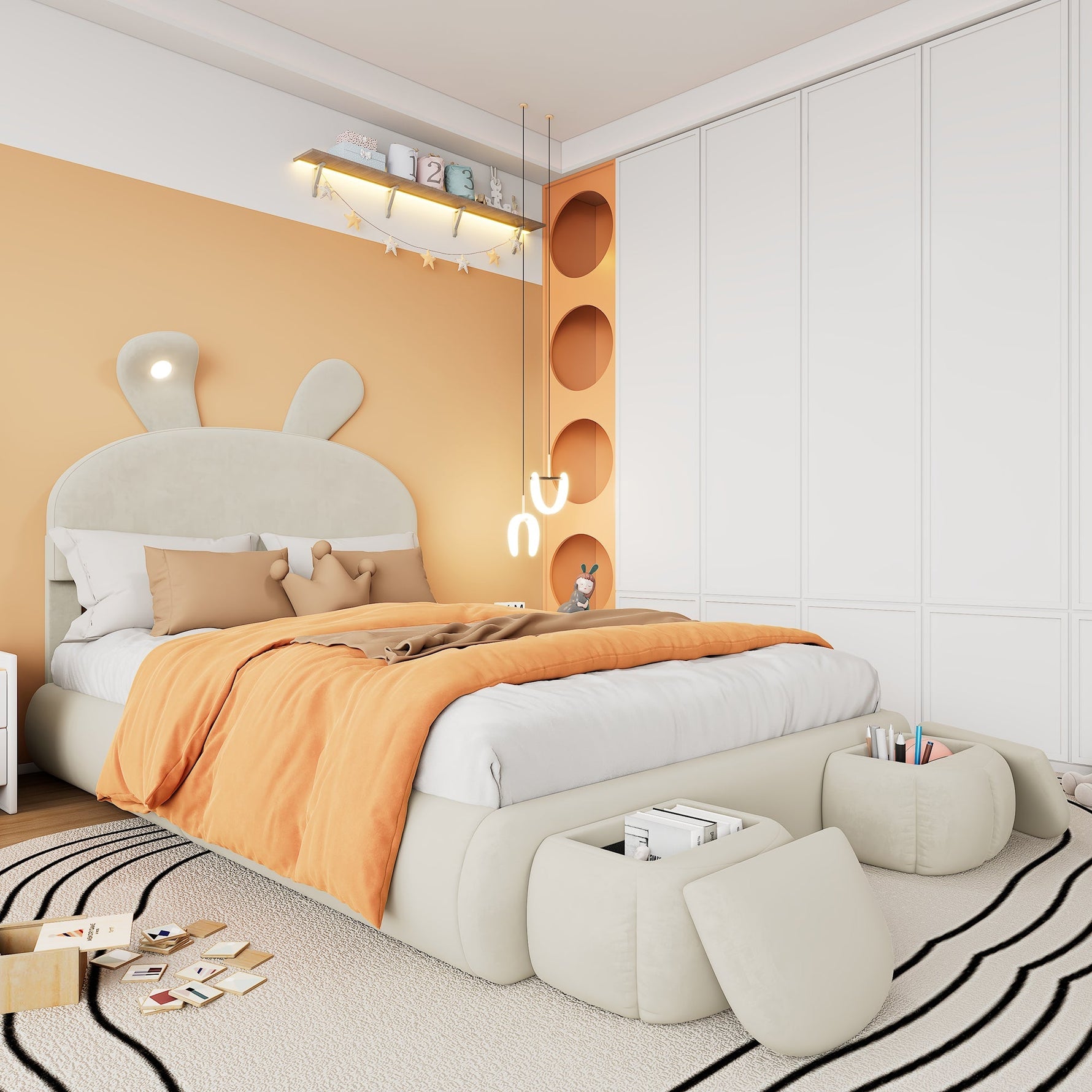Upholstered Bed, Hydraulic with Rabbit Ears & Storage, Velvet Beige