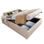 Upholstered Double Bed, 140x200 cm, with USB-C, Linen Natural