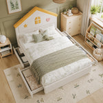 House Bed 140x200cm Upholstered Bed with 4 Drawers, Velvet Beige