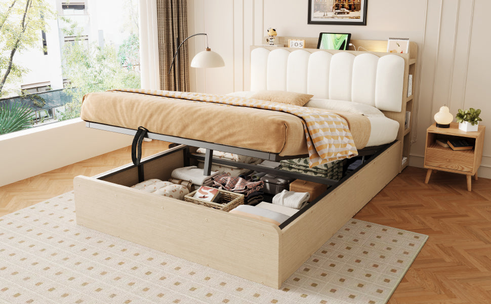 Wooden Flatbed 140x200 with Hydraulic Storage & USB, Wood Color