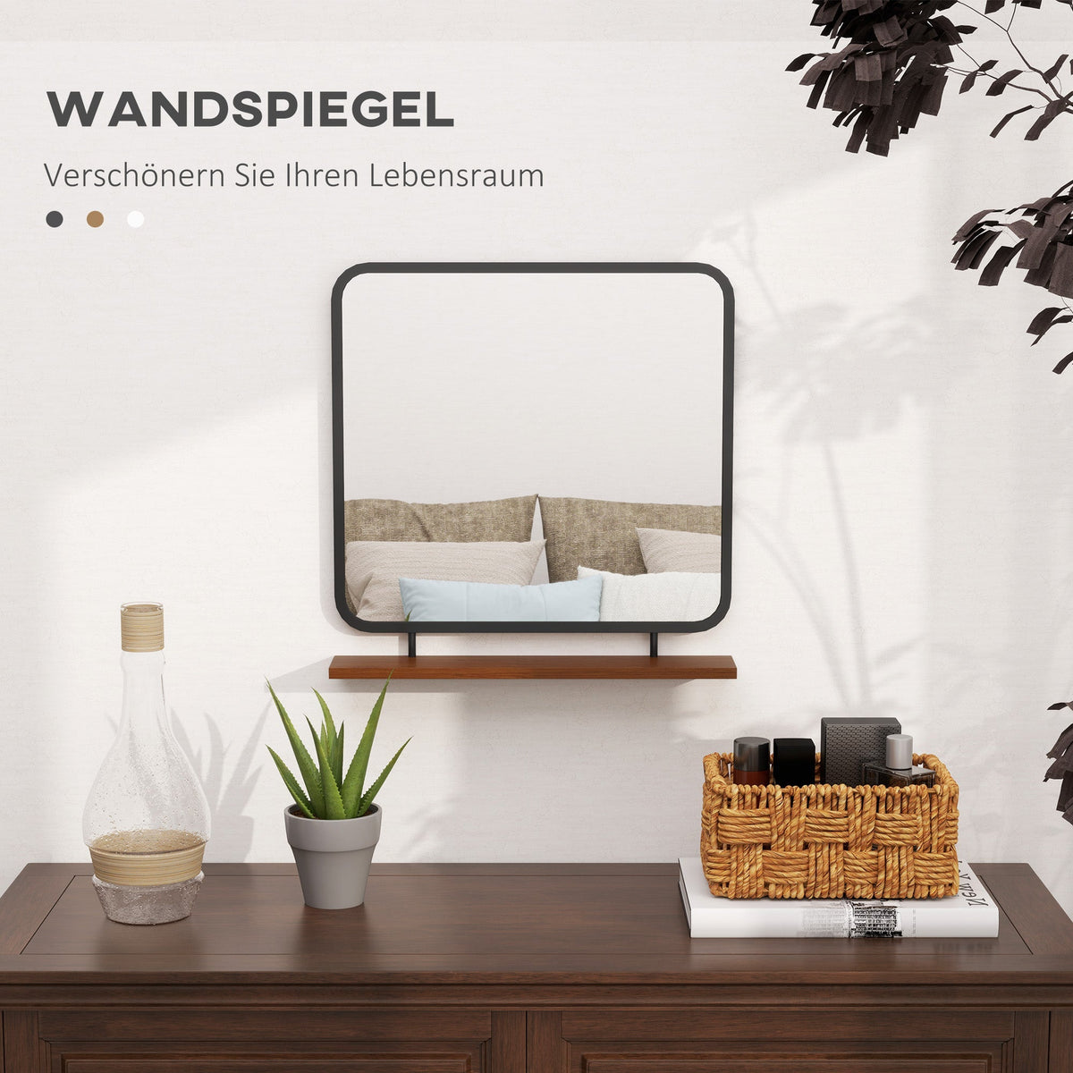 Wall Mirror with Wooden Shelf, Rectangular, Black