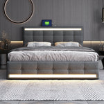 Upholstered Bed 140x200, LED, 4 Drawers, 2 USB Charging Stations, Linen Fabric Gray
