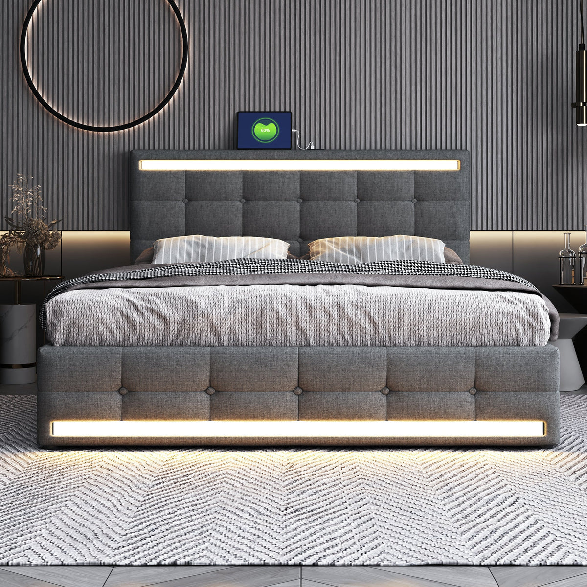 Upholstered Bed 140x200, LED, 4 Drawers, 2 USB Charging Stations, Linen Fabric Gray