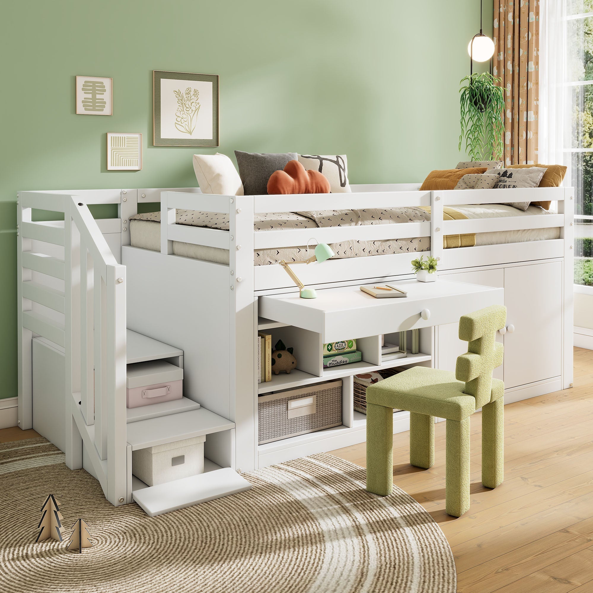 Multifunctional Children's Bed with Stairs, Storage and Convertible Desk, 90x200cm, White Wood