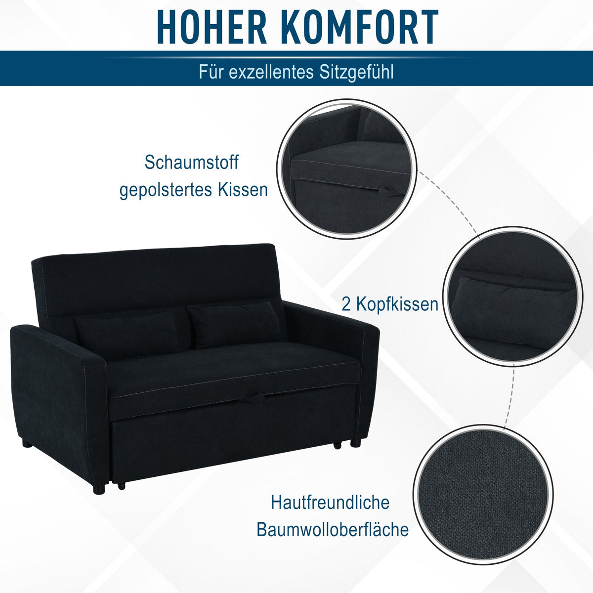 Sleeper Sofa, Convertible 2-Seater Adjustable Angle, Fabric Black