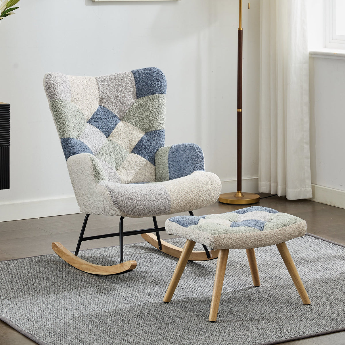 Rocking Recliner with Footstool and Upholstered Armchair, Patchwork Houndstooth Pattern