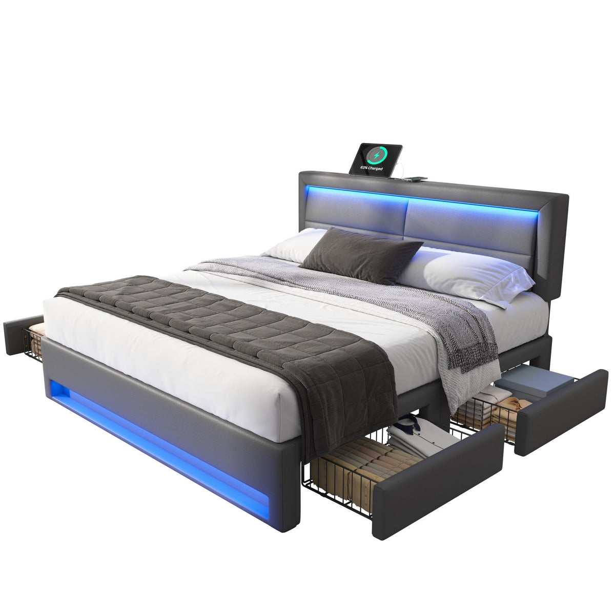 Upholstered Bed 140x200cm USB LED Light 4 Drawers - Grey
