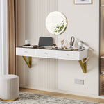 Wall-Mounted Vanity Table with 3 Drawers & Glass Top, White