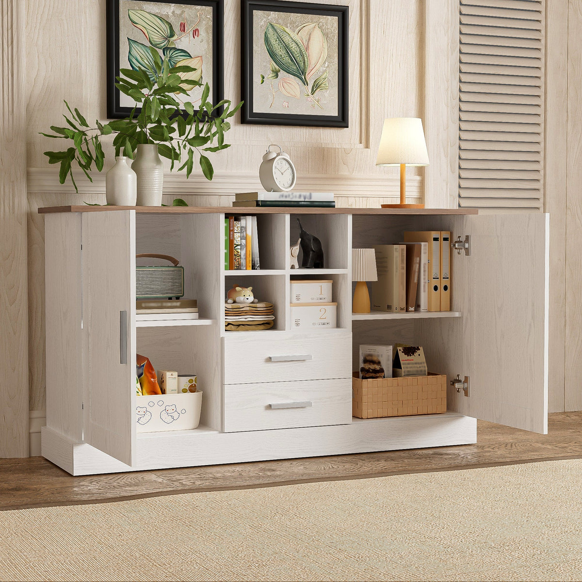 Sideboard 140x40x79.5cm, 2 Doors 2 Drawers, White and Brown Wood Grain