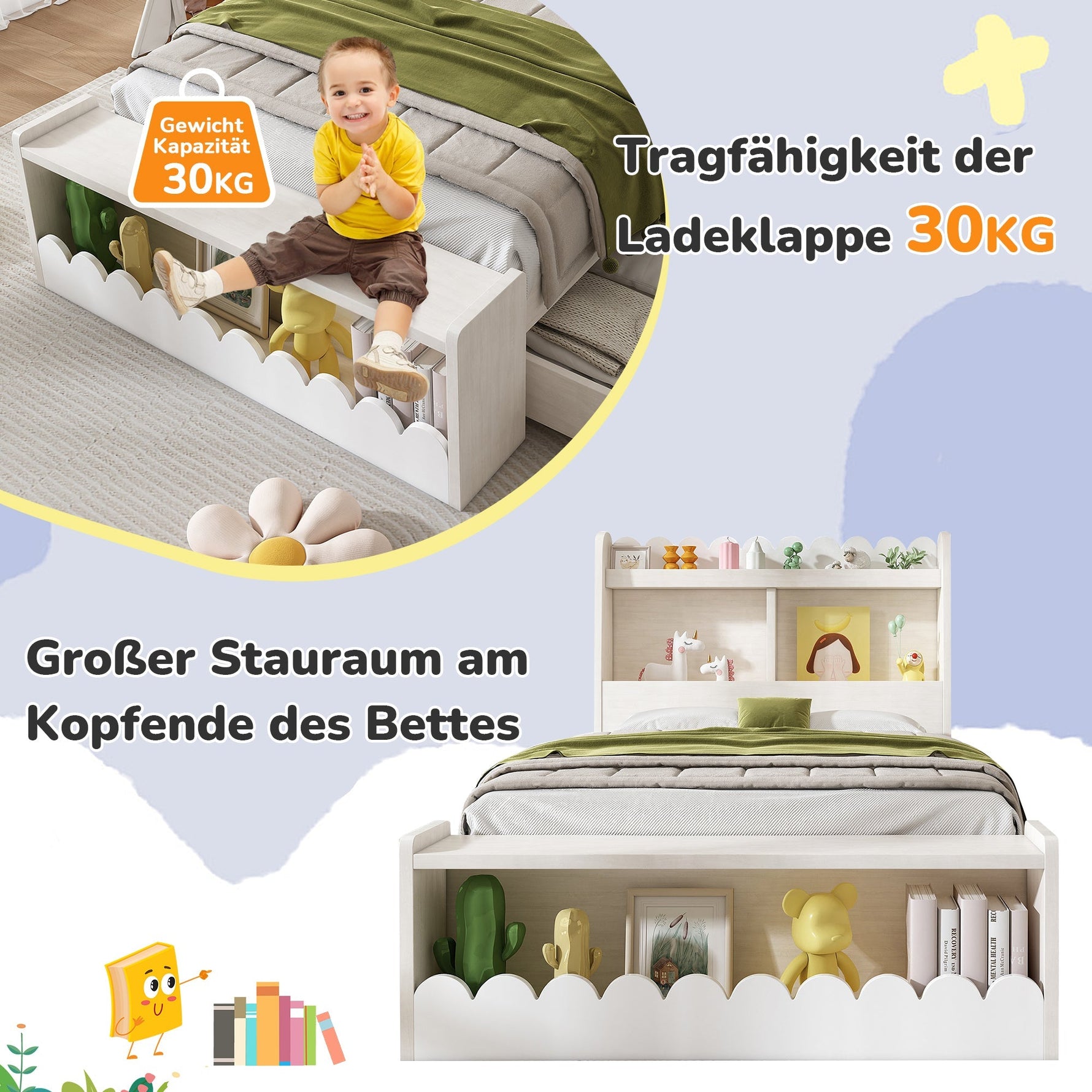 Children's Single Bed, Storage with Drawers, Shelf, Bench, Wood, White Oak