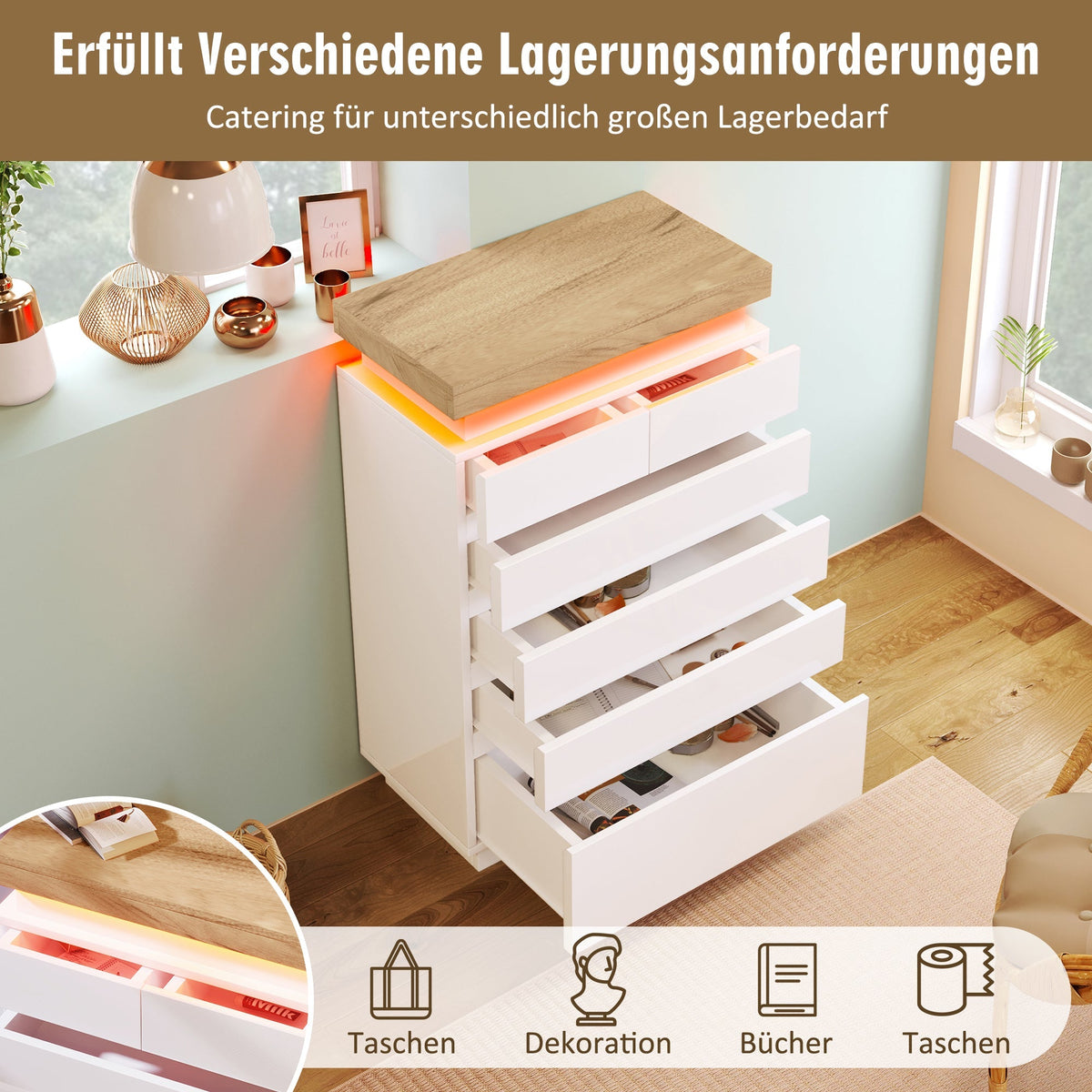 Chest of Drawers, 6-Drawer LED High-Gloss Sideboard, White