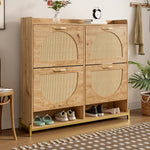 Elegant Shoe Cabinet 4 Doors Metal Frame Top Shelf Wooden Rattan