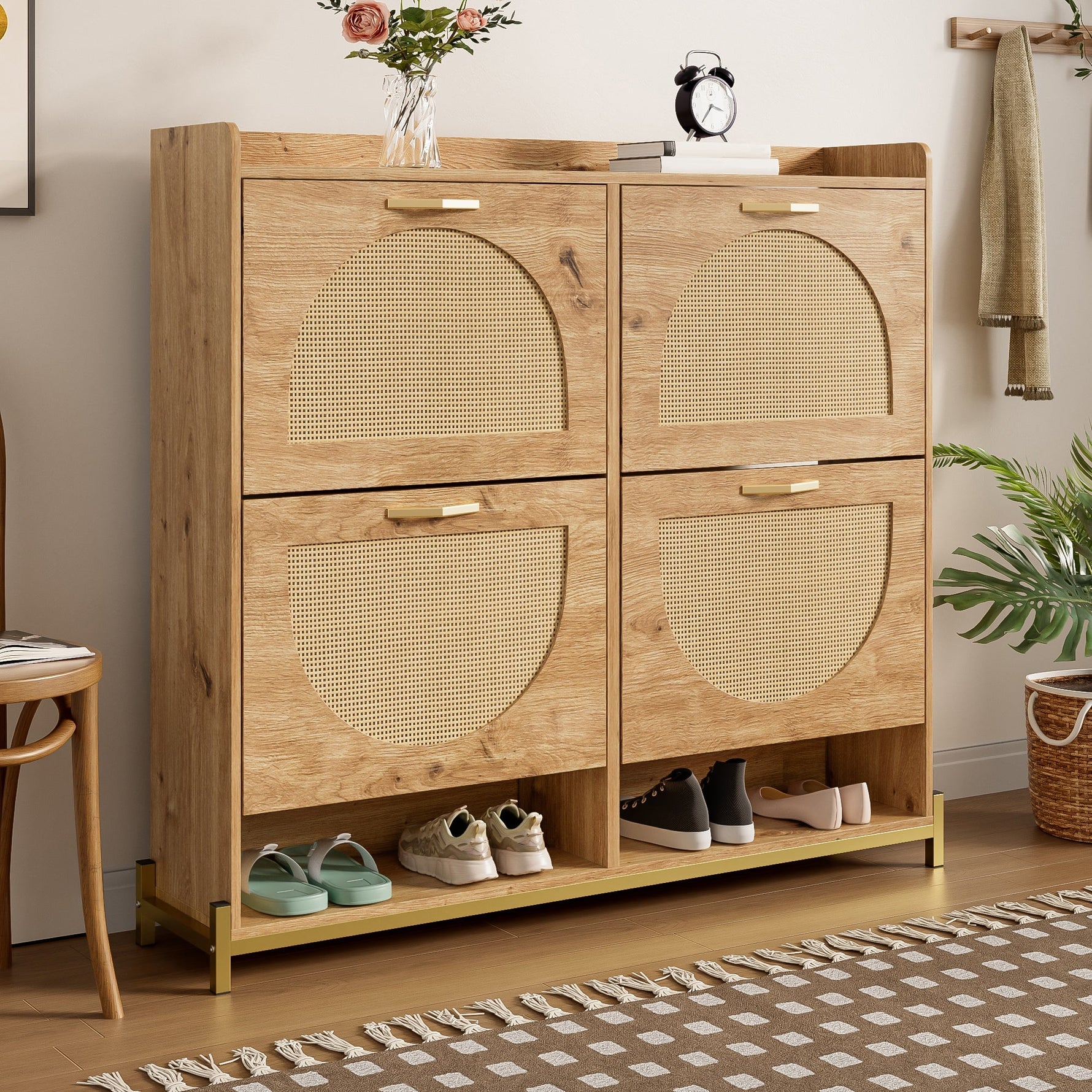 Elegant Shoe Cabinet 4 Doors Metal Frame Top Shelf Wooden Rattan